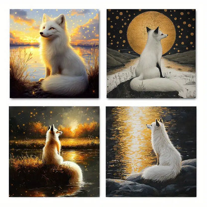 4pcs Night Sky & White Fox Picture  Wall Art Canvas Framed