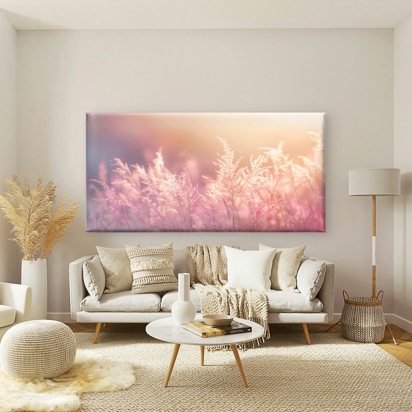 Pink Wild Grasses Field Wall Art Canvas Office Home Room Framed 120x60cm