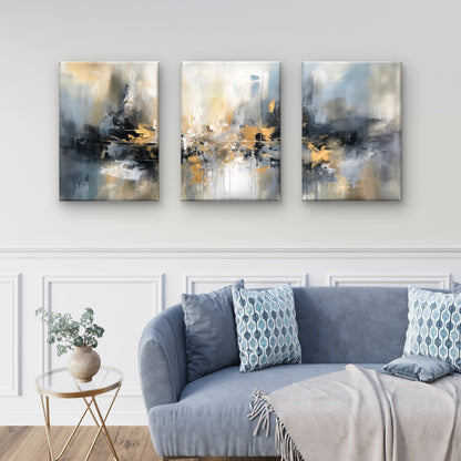 3pcs Grey Blue Gold Abstract Foil Painting Block  Wall Art Set Canvas Framed 40x60cm - High Quality Print 100% Australian Made Wall Canvas Ready to Hang