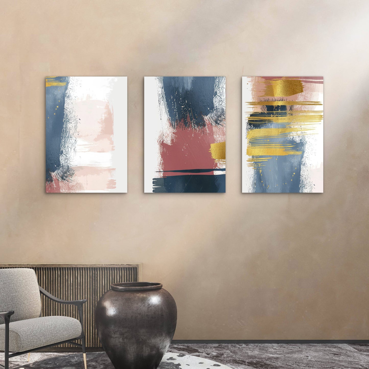 3pcs Modern Blush Pink Navy Blue Gold Foil Art  Wall Art Set Canvas Framed 40x60cm - High Quality Print 100% Australian Made Wall Canvas Ready to Hang