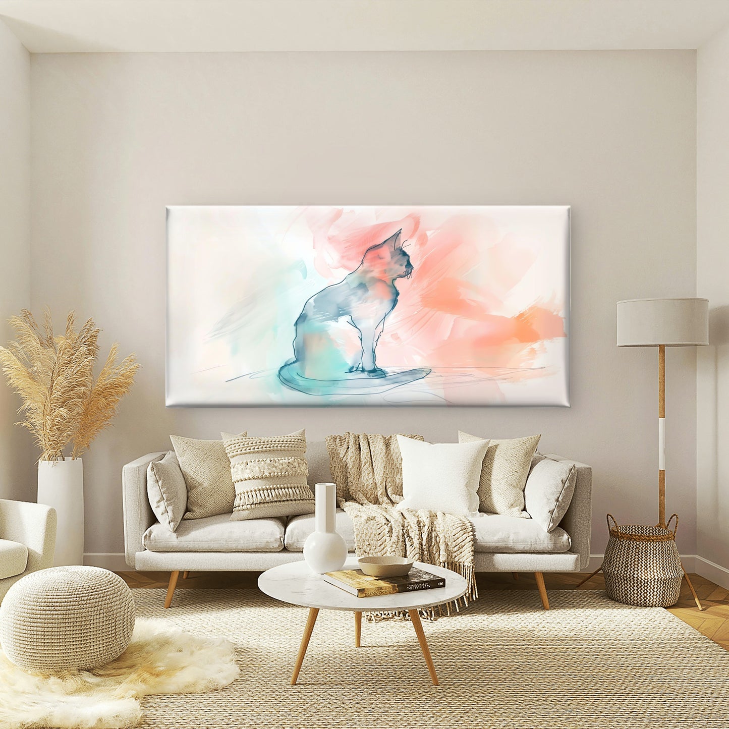 Watercolor Cat Abstract Wall Art Canvas Office Home Room Framed 120x60cm - Bella Home Decor