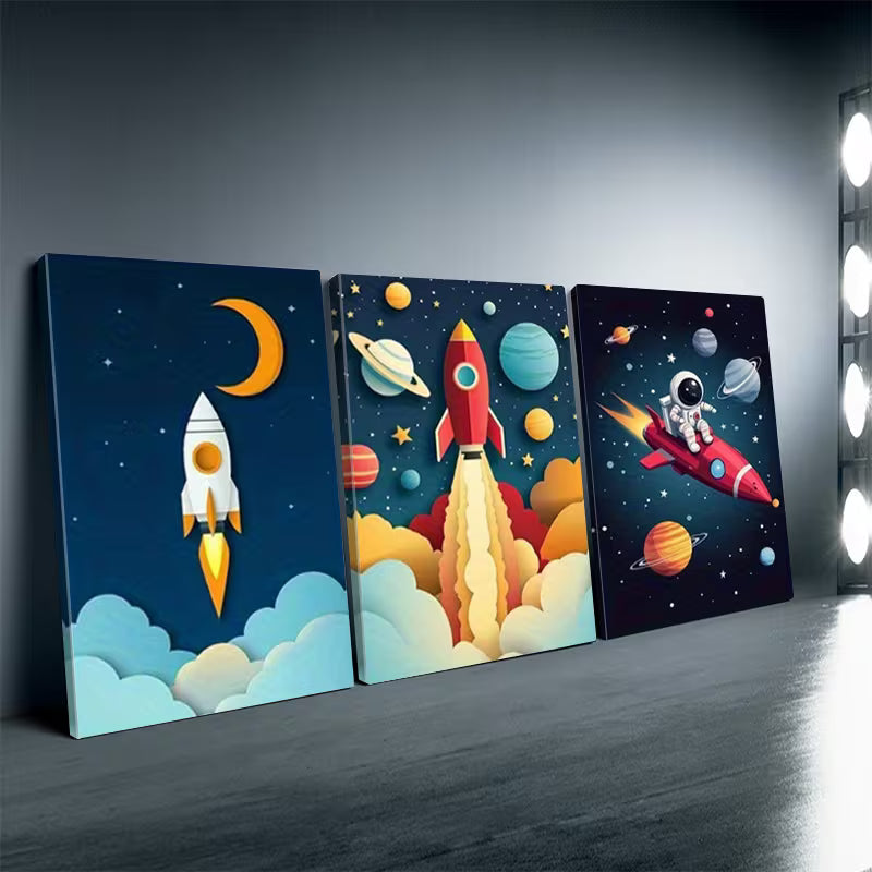 3pcs Vibrant Cartoon Rockets & Astronauts Wall Art Set Canvas Framed 40x60cm - High Quality Print 100% Australian Made Wall Canvas Ready to Hang - Bella Home Decor
