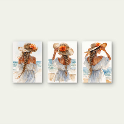 3pcs Watercolor Beach Girl Straw Hat Flower   Wall Art Set Canvas Framed 50x70cm - High Quality Print 100% Australian Made Wall Canvas Ready to Hang