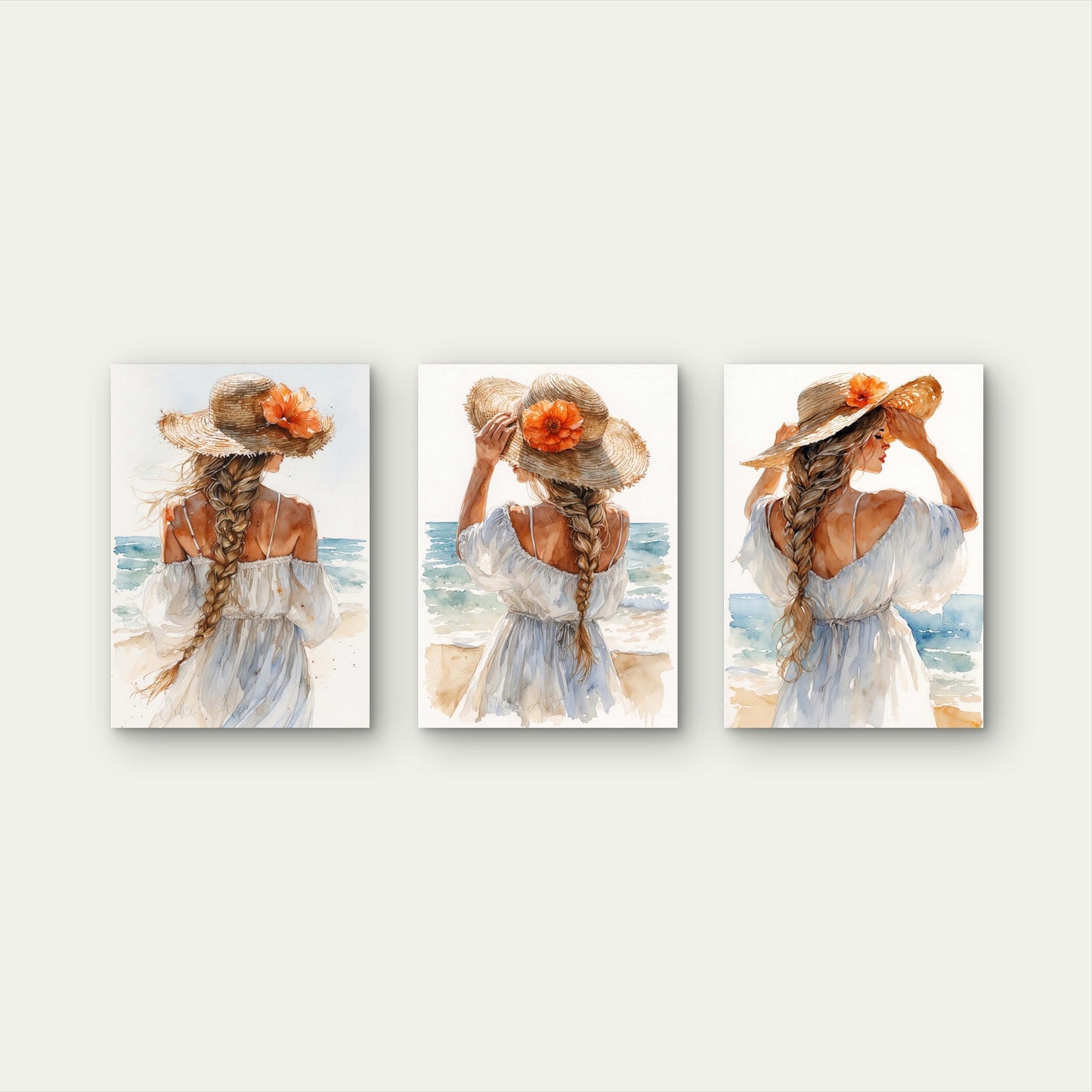 3pcs Watercolor Beach Girl Straw Hat Flower  Wall Art Set Canvas Framed 60x90cm - High Quality Print 100% Australian Made Wall Canvas Ready to Hang