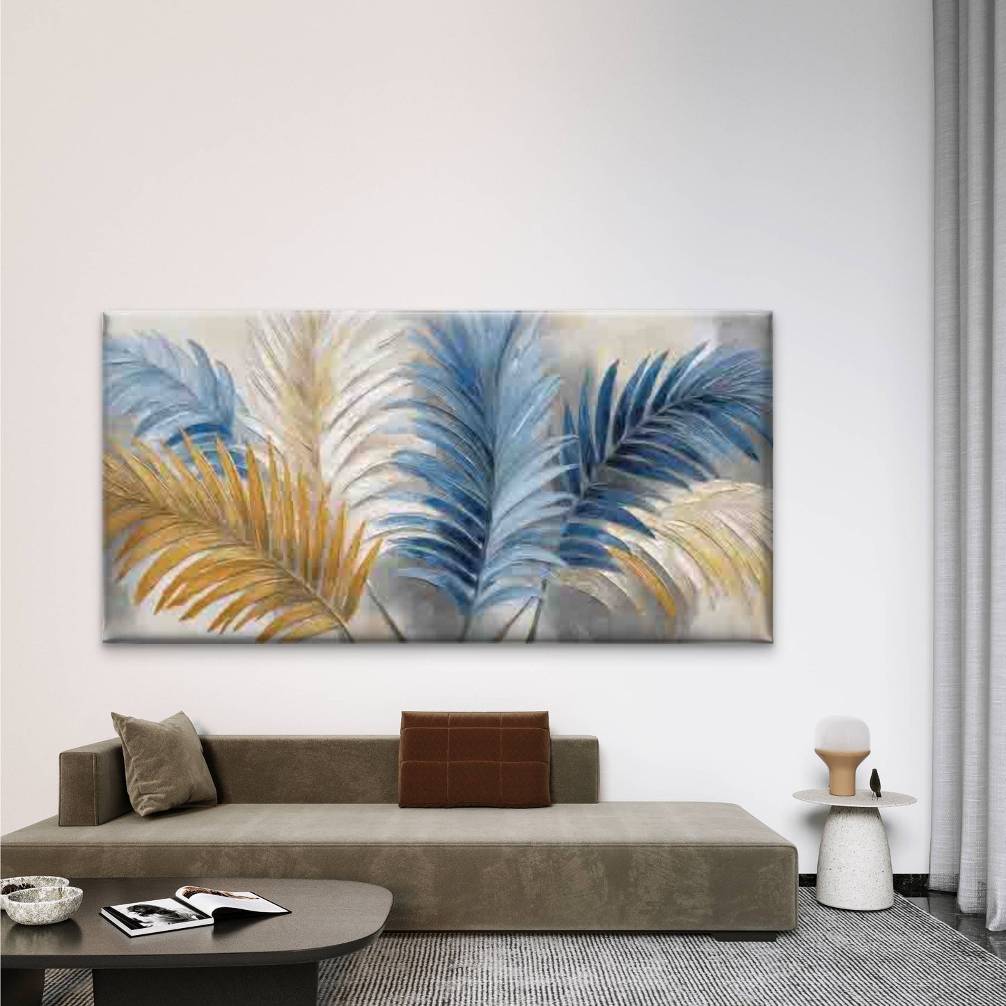 Blue Golden Tropical Palm Leaf Wall Art Canvas Office Home Room Framed 120x60cm