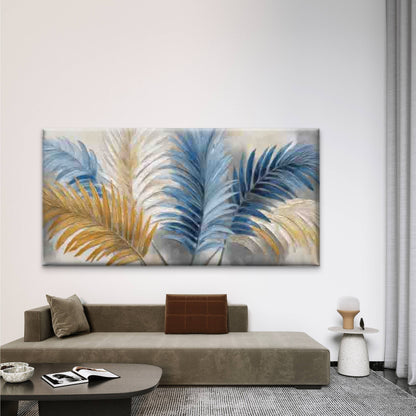 Blue Golden Tropical Palm Leaf Wall Art Canvas Office Home Room Framed 120x60cm