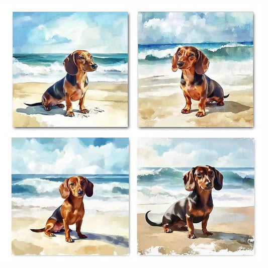 4pcs Charming Dachshund& Ocean Wall Art Canvas Framed