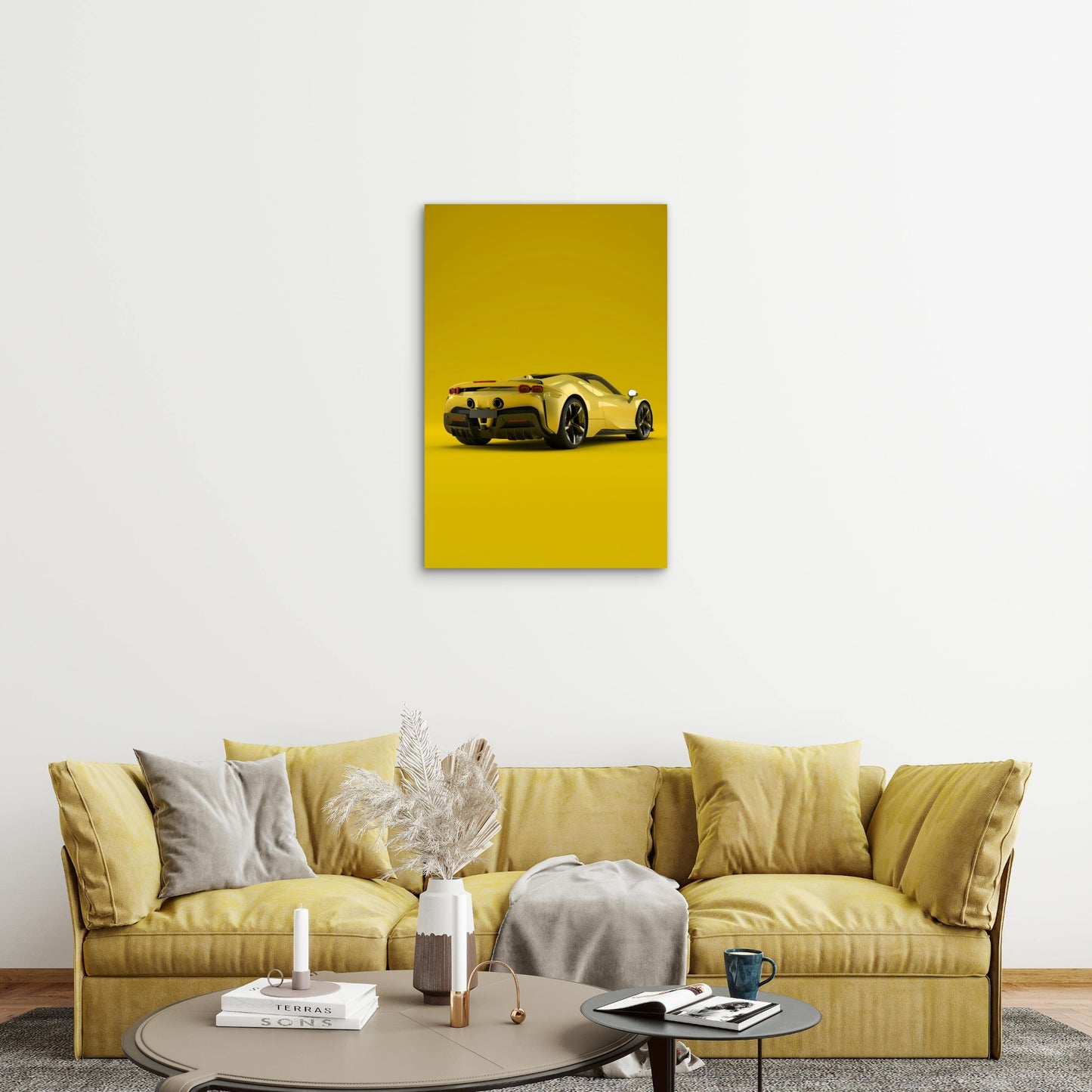 Ferrari SF90 Spider Car On A Yellow Background 40x60cm Metal Print Ready to Hang