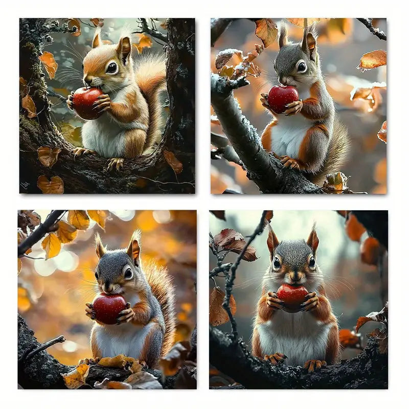 4pcs Squirrel with Berries  Wall Art Canvas Framed
