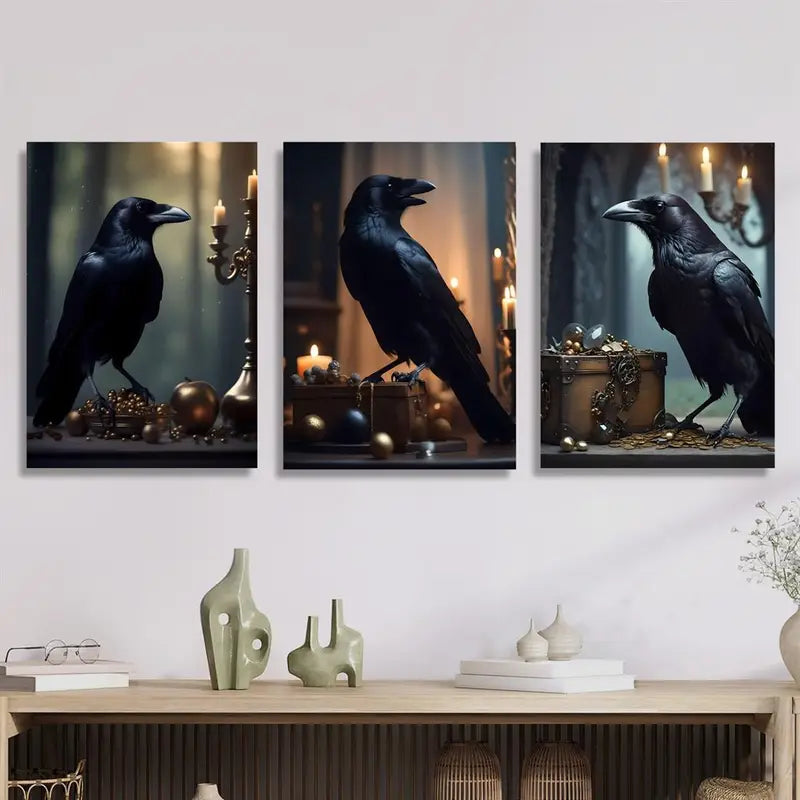3pcs Gothic Crow Canvas Art Prints Metal Print Ready to Hang Art - Bella Home Decor