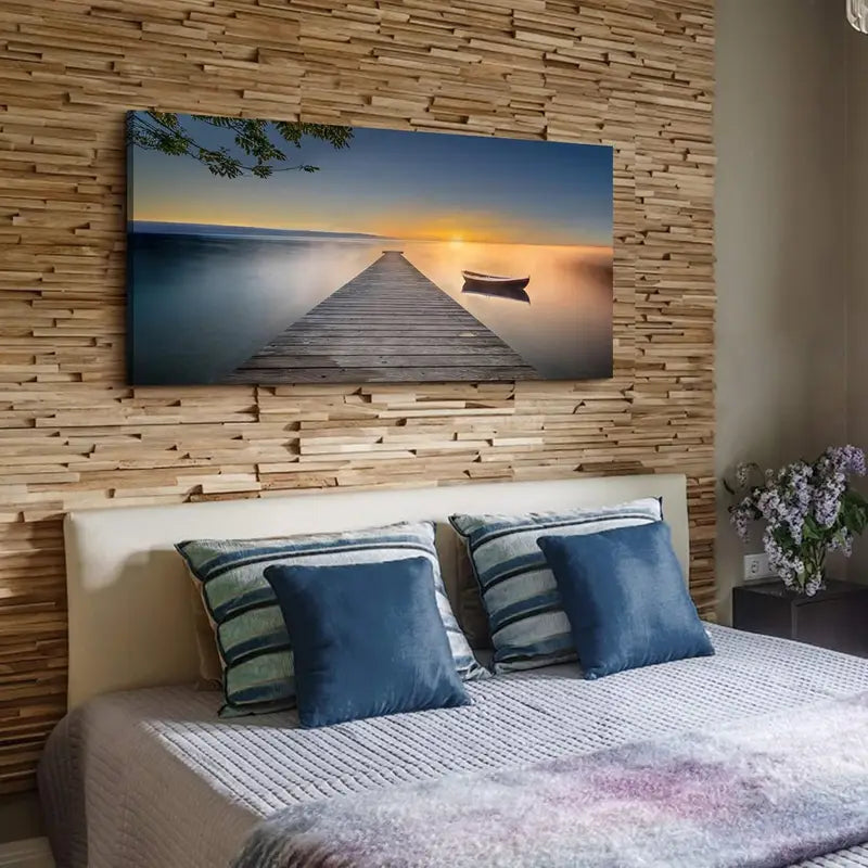 Serene Lake Rustic Pier Dock & Boat Scene Wall Art canvas office home room framed 120x60cm - Bella Home Decor