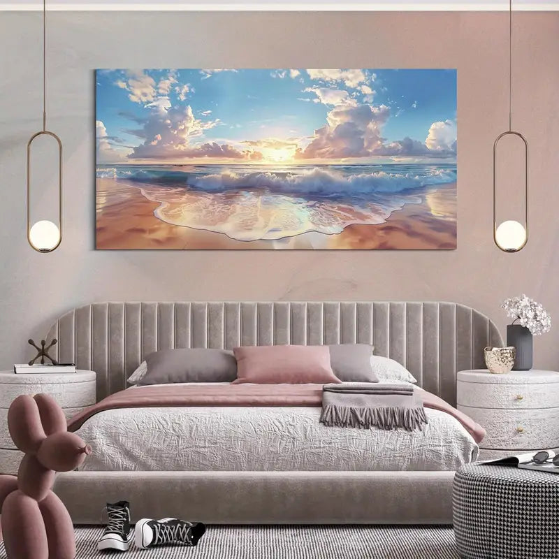 Beach Ocean Blue Waves Sunset Wall Art canvas office home room framed 120x60cm - Bella Home Decor