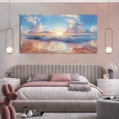 Beach Ocean Blue Waves Sunset Wall Art canvas office home room framed 120x60cm - Bella Home Decor