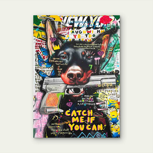 Graffiti Doberman Gripping Weapon 40x60cm Metal Print Ready to Hang