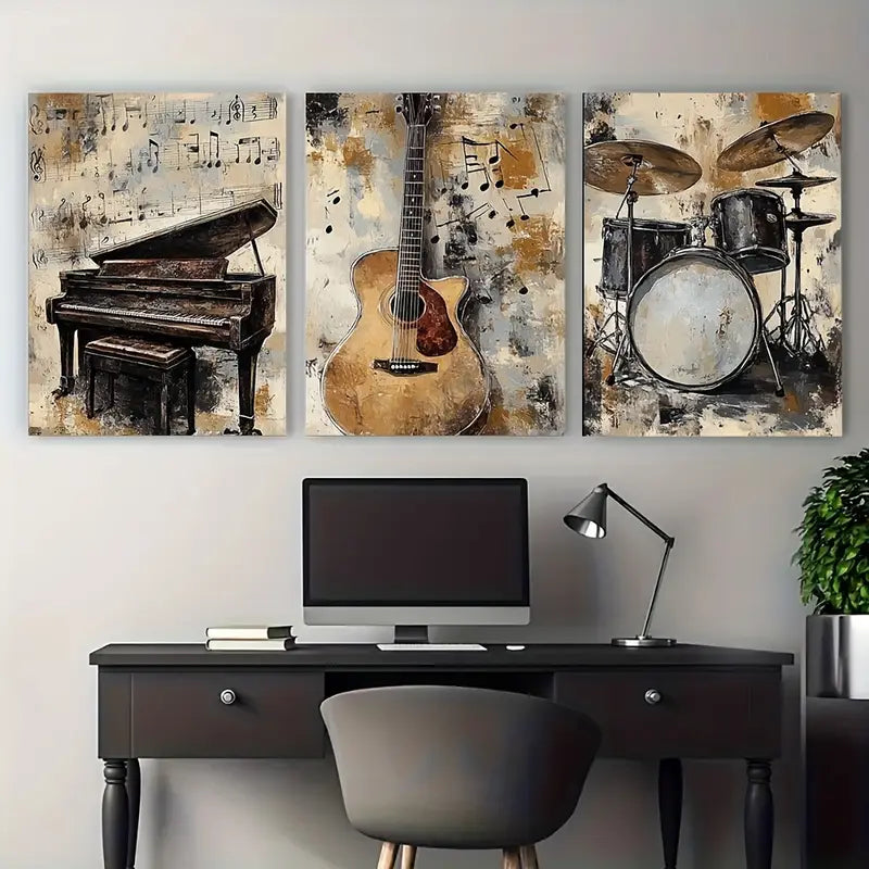 3pcs Rustic Guitar, Piano, Drums Triptych Metal Print Ready to Hang Art