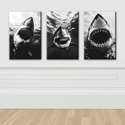 3pcs Great White Shark Illustration Wall Art Set Canvas Framed 40x60cm - High Quality Print 100% Australian Made Wall Canvas Ready to Hang