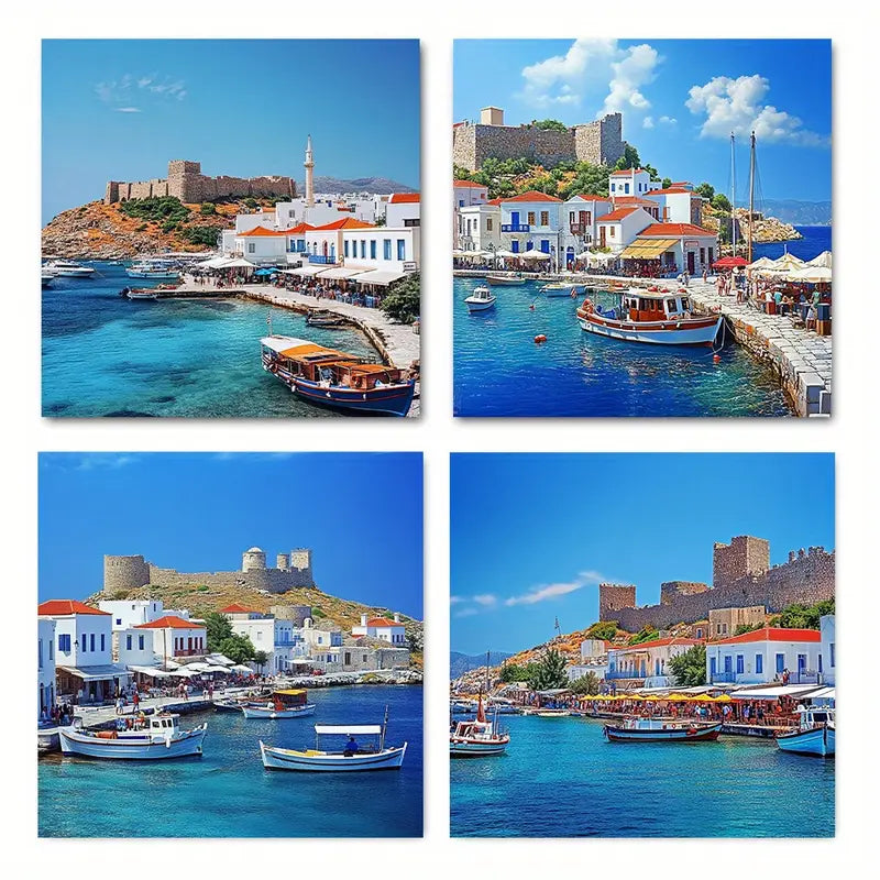 4pcs Blue Waters, White Buildings & Castle Wall Art Canvas Framed
