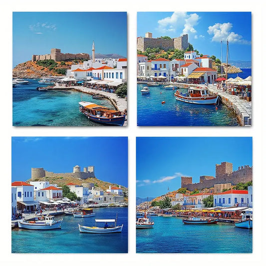 4pcs Blue Waters, White Buildings & Castle Wall Art Canvas Framed