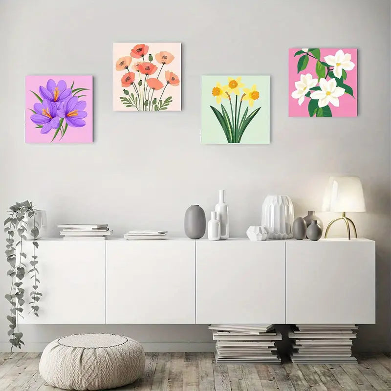 4pcs Beautiful flowers in summer Elegant  Wall Art Canvas Framed