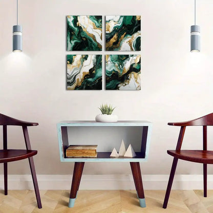 4pcs Green And Golden Marble Texture Wall Art Canvas Framed