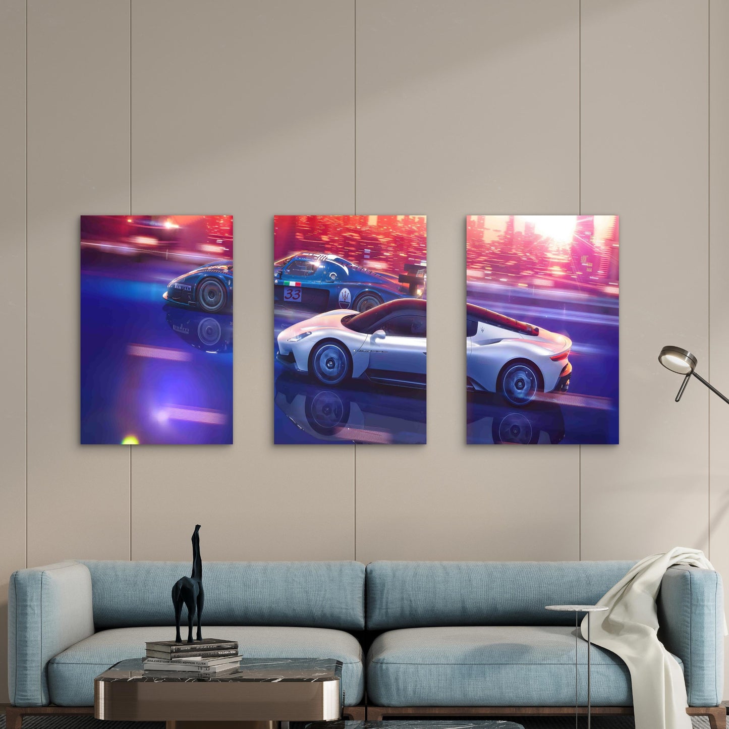 3pcs Supercar City Circuit Sunset Blue and White Metal Print Ready to Hang Art