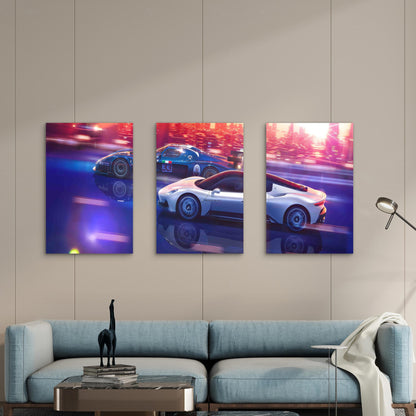 3pcs Supercar City Circuit Sunset Blue and White Metal Print Ready to Hang Art