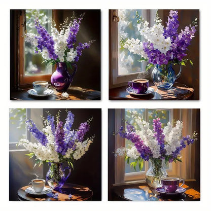 4pcs Vibrant Flower & Tea Set Posters Wall Art Canvas Framed