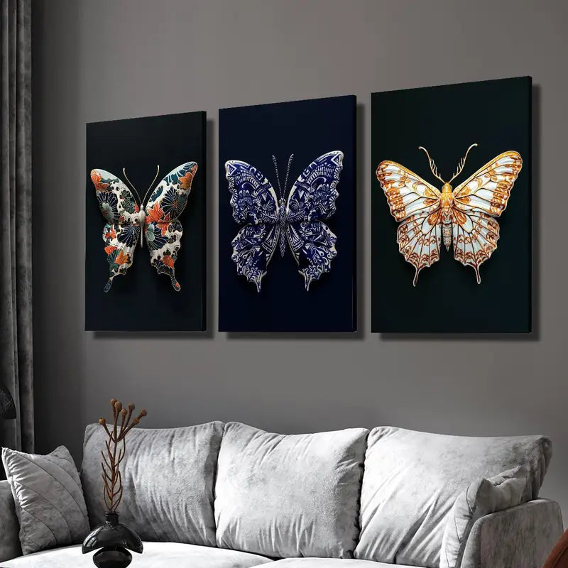 3pcs Japanese Butterfly on Black Background Wall Art Set Canvas Framed 60x90cm - High Quality Print 100% Australian Made Wall Canvas Ready to Hang