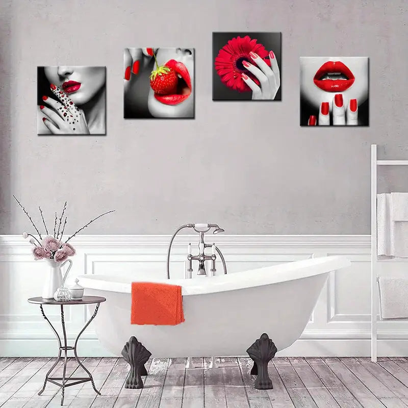 4pcs Red Lip And Nail Canvas Stylish Feminine Wall Art Canvas Framed
