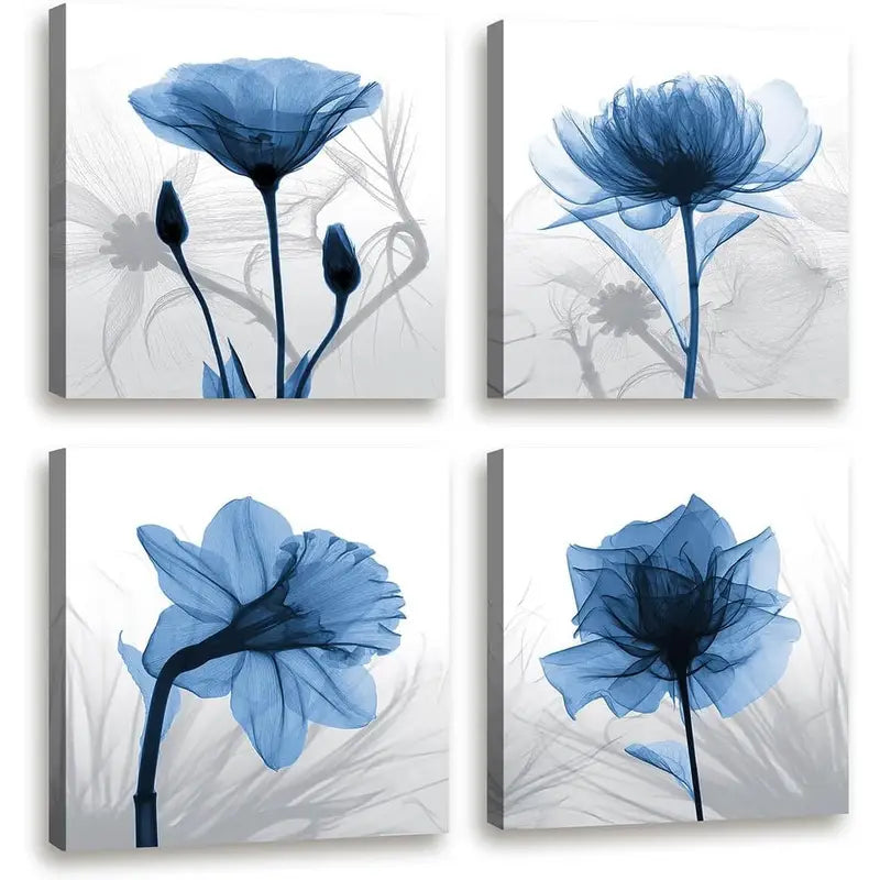 4pcs Blue & White Floral Design Wall Art Canvas Framed