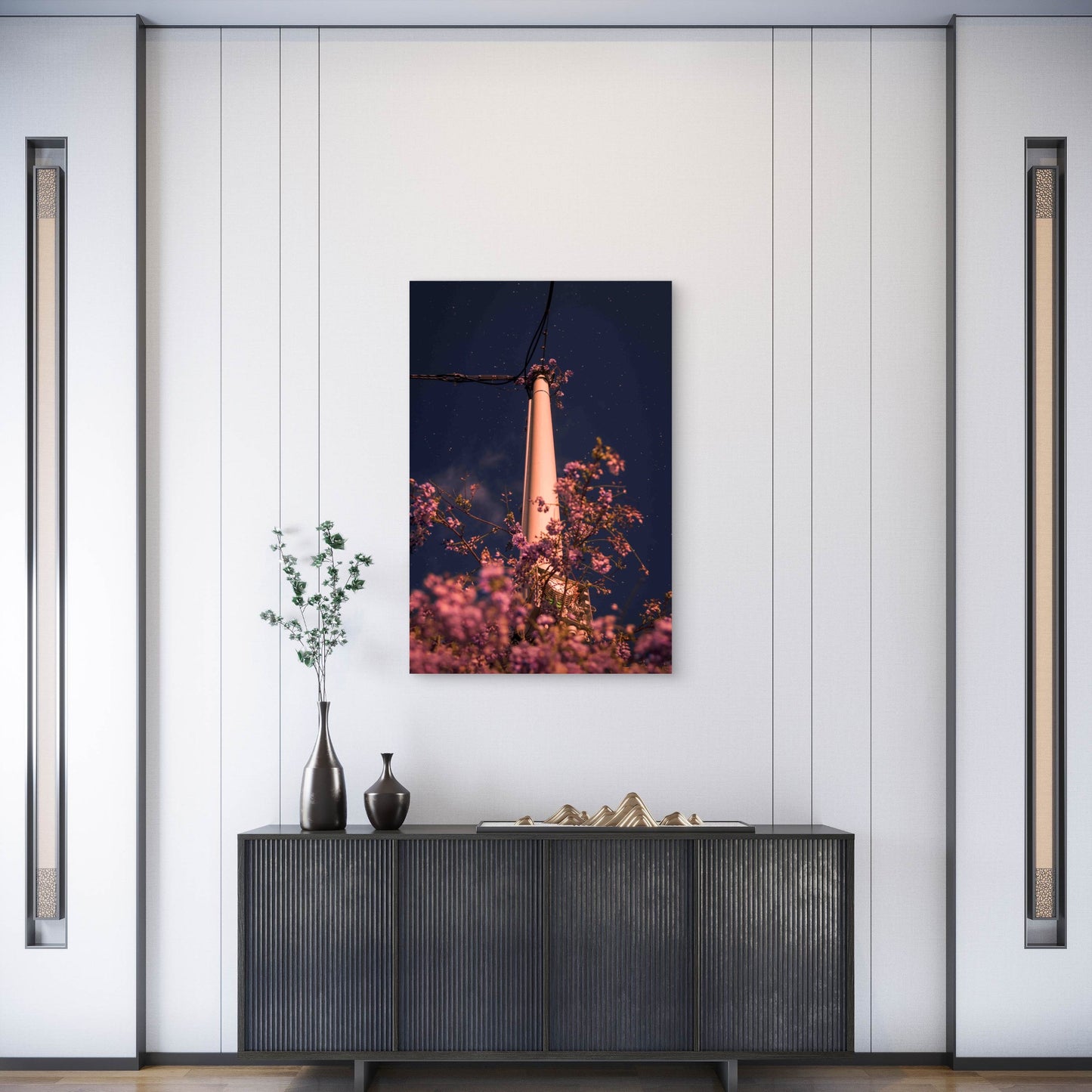Cherry Blossoms Pole Against a Star-Filled Sky 60x90cm Metal Print Ready to Hang