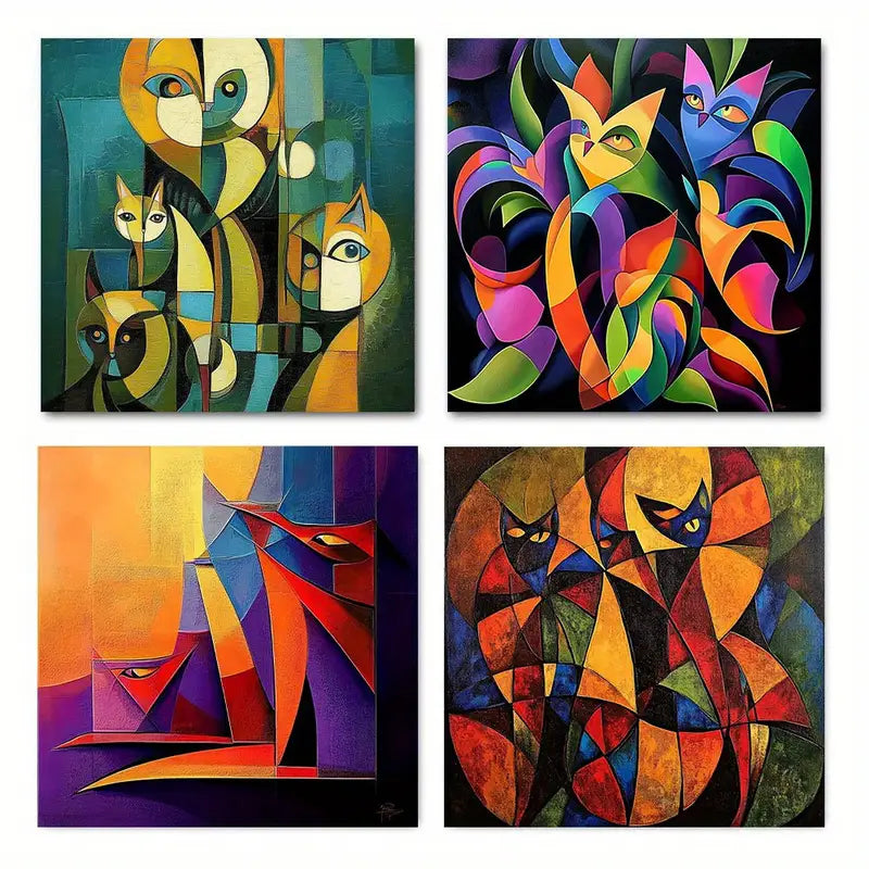 4pcs Abstract  Perfect Cat Wall Art Canvas Framed