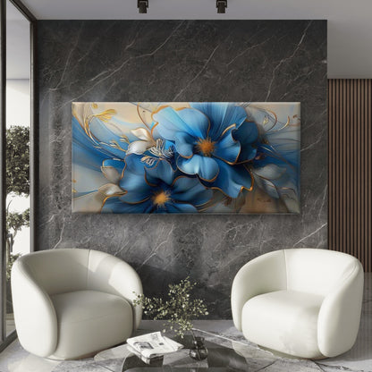 Blue Flowers With Gold Accents Wall Art Canvas Office Home Room Framed 120x60cm