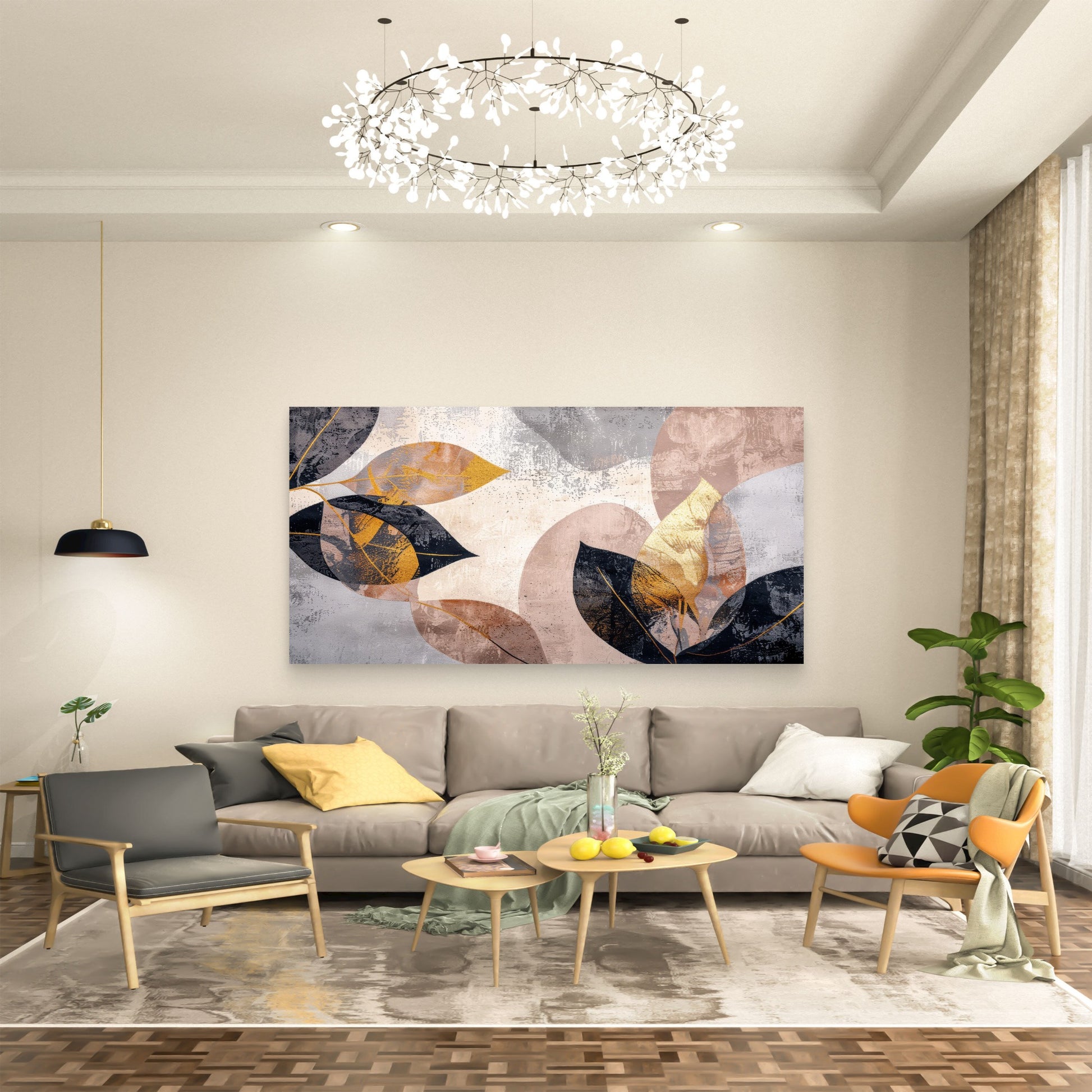 Abstract Gilded Autumn Leaves Wall Art Canvas Office Home Room Framed 120x60cm - Bella Home Decor