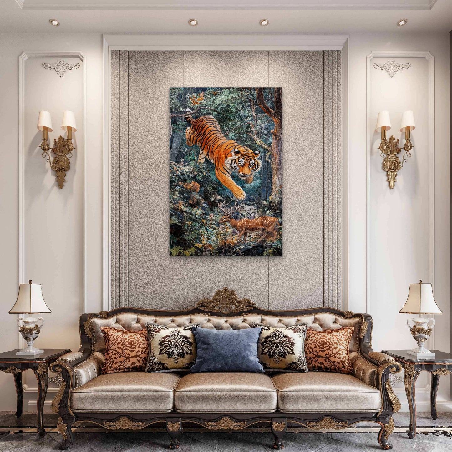 Tiger Hunting Deer Illustration 40x60cm Metal Print Ready to Hang