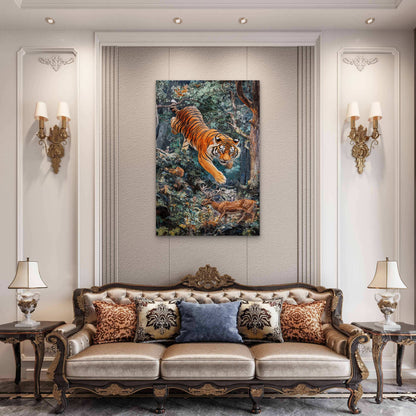 Tiger Hunting Deer Illustration 40x60cm Metal Print Ready to Hang