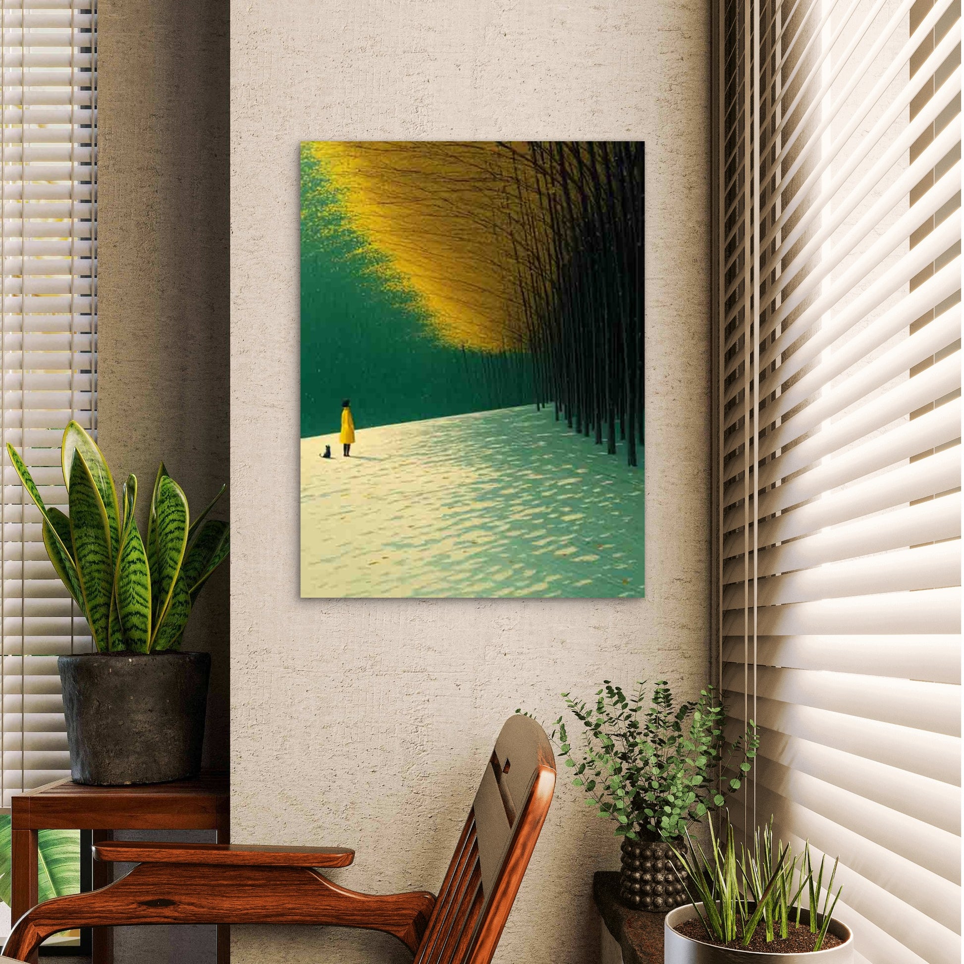 Golden Forest Path 60x90cm Metal Print Ready to Hang - Bella Home Decor