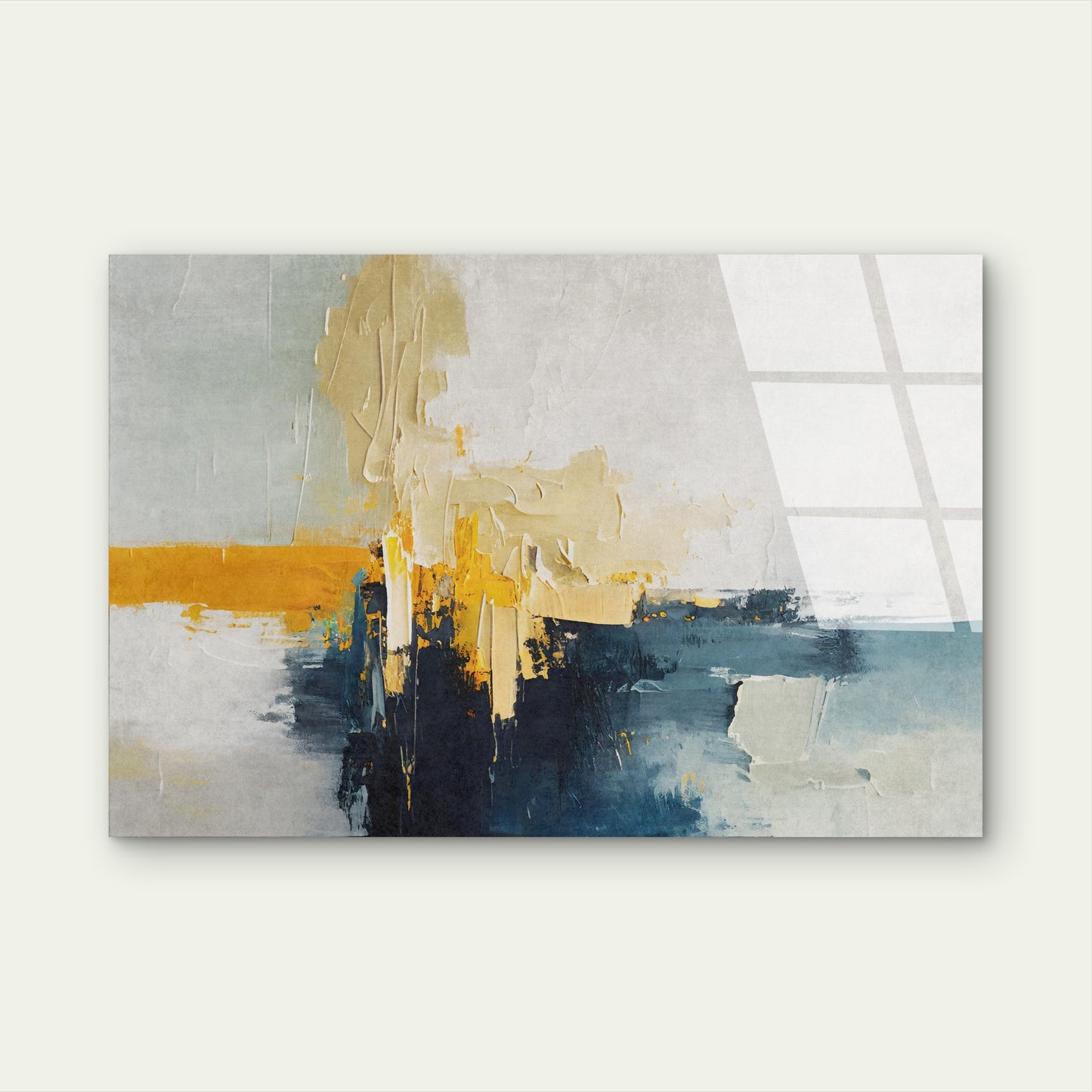 Modern Navy Blue and Mustard Yellow Abstract Palette Knife Oil Painting Acrylic Glass Printing Wall Art Australian Made Quality