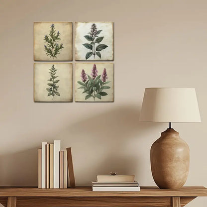 4pcs Green Leaves & Purple Flowers Wall Art Canvas Framed