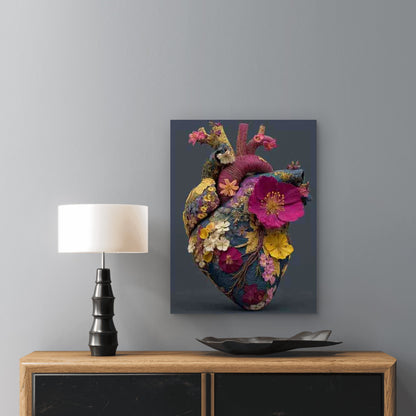 Lively Anatomical Heart with Dark Flowers Metal Print Ready to Hang