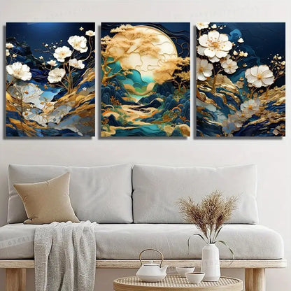 3pcs Golden Botanical Floral Japanese Kintsugi Metal Print Ready to Hang Art - Bella Home Decor