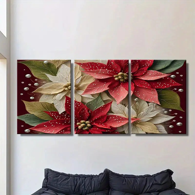 3pcs Poinsettia Flowers With Pearls And Polka Dots Metal Print Ready to Hang Art