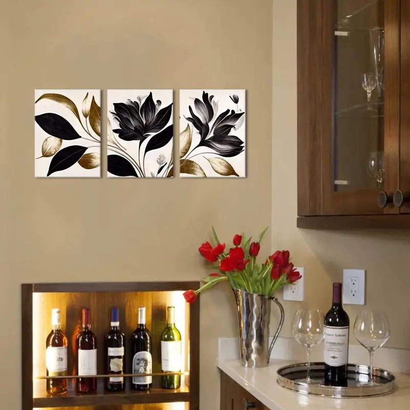 3pcs Vintage Floral Design With Black & Golden LeavMetal Print Ready to Hang Art