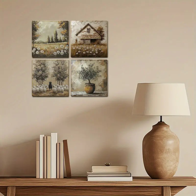 4pcs Olive Tree, Old Barn, Sheep & Sunflowers Wall Art Canvas Framed