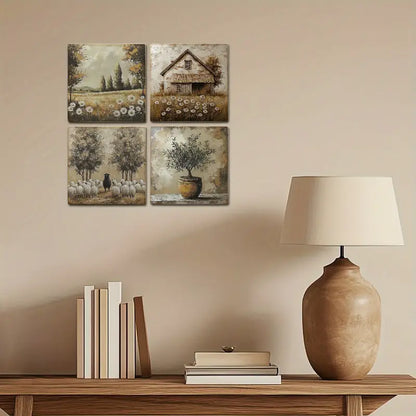 4pcs Olive Tree, Old Barn, Sheep & Sunflowers Wall Art Canvas Framed