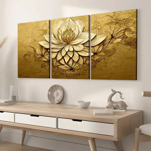3pcs Retro Style Golden Light Luxury Flower Art Wall Art Canvas Unframed - High Quality Print 100% Australian Made Wall Canvas