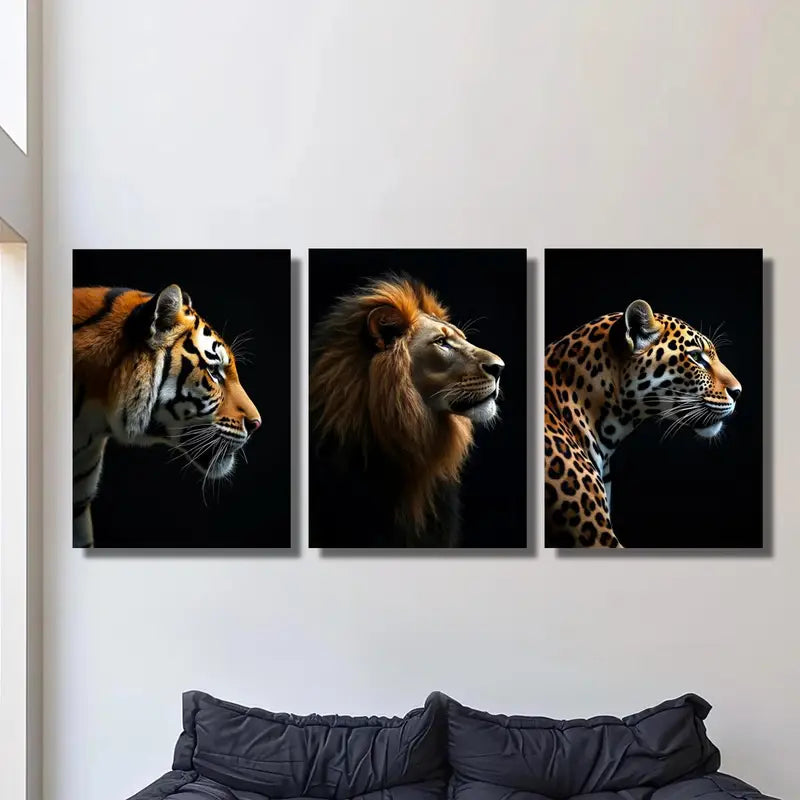 3pcs Tiger, Lion & Leopard Canvas Art Prints Metal Print Ready to Hang Art