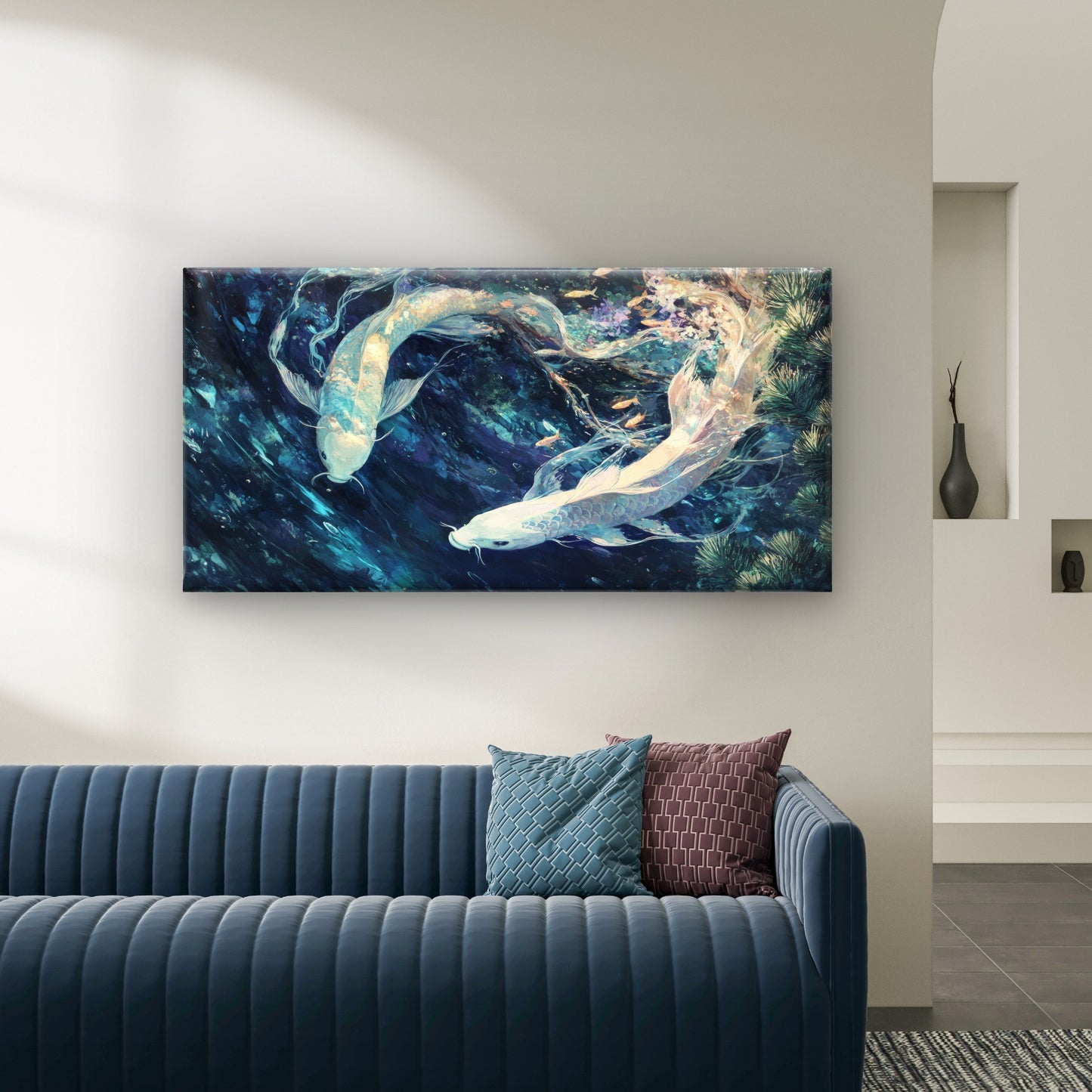 White Koi Fish Yin Yang Blue Wall Art Canvas Office Home Room Framed 120x60cm