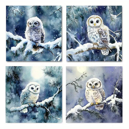 4pcs Arctic  Snowy Owl In Winter Forest Wall Art Canvas Framed