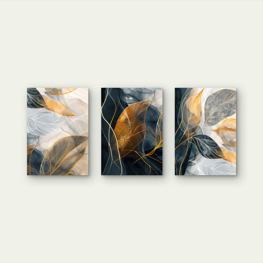 3pcs Navy Grey Gold Leaf Abstract Botanical Wall Art Set Canvas Framed 50x70cm - High Quality Print 100% Australian Made Wall Canvas Ready to Hang